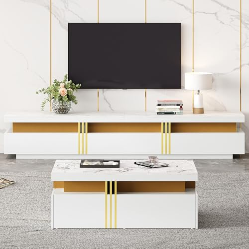 ModernLuxe TV Stand and Coffee Table Set, 200cm TV Unit with 3 Drawers for 89 Inch TV, Coffee Table with 2 Drawers Marble Effect Living Room Furniture Set Entertainment Unit Storage Cabinet,White&Gold