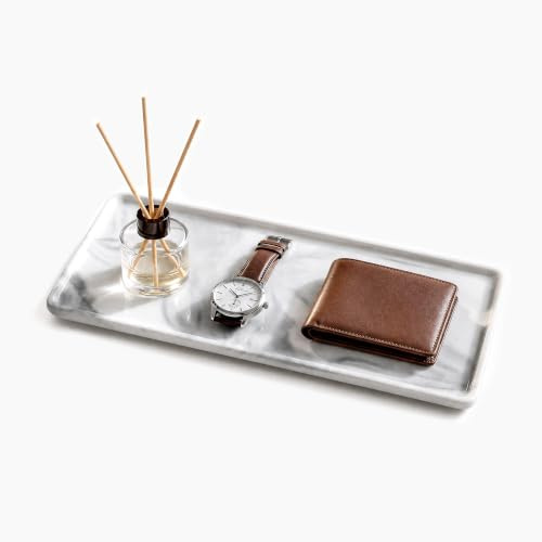 Grey Marble Pattern Ceramic Vanity Tray,20.5x9.5x1.2cm Perfume & Jewelry Dish,Rectangular Countertop Organiser for Bathroom,Vanity, Kitchen,Dressing Table, Perfume, Soap, Cosmetics and keys
