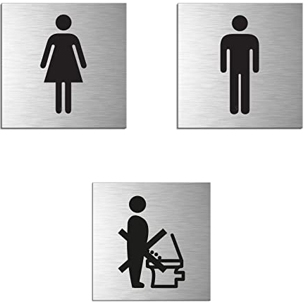 WC-Schilder Türschilder Toilettenschilder -Bitte setzen-Damen-Herren3er-Set Aluminium in Edelstahlschilder-Optik Format 80x80 mm vollflächig selbstklebend Nr.11904-S