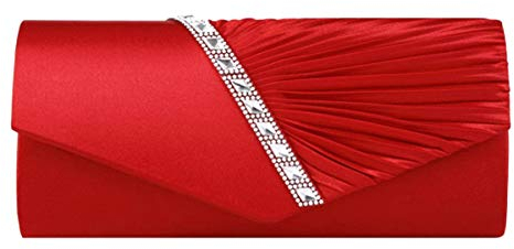 AiSi Damen Satin Clutch Strass Abendtasche mit Kette mini Handtasche für Hochzeit (Rot)