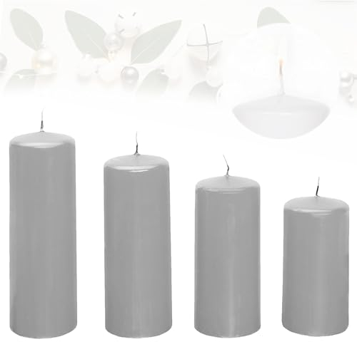 Candelo 4er Set Stumpenkerzen Weihnachten Kerzen - Grau - 7,5/9/10,5/12cm - Advent Kerze Weihnachtsdekoration - Weihnachtskerzen für Adventskranz