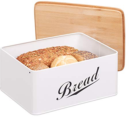 Relaxdays, Blanco Panera con diseño retro, Tapa de bambú, Inscripción «Bread», Metal, 14 x 30,5 x 23,5 cm, Hierro