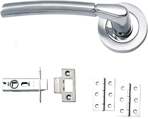 IRONZONE® Andalusia Style Modern Chrome Door Handles on Rose with Dual Finish Door Lever Latch Pack, Suitable for 35-44 mm Doors, for Home or Commercial Properties, Internal Door Handles