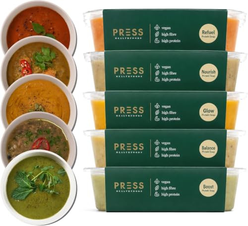 PRESS Healthfoods High Protein Soup 6x375g | Red Quinoa Plant Protein Soup | vegan soup with slow roasted tomatoes, red quinoa & basil - 210 calories, 6-pack