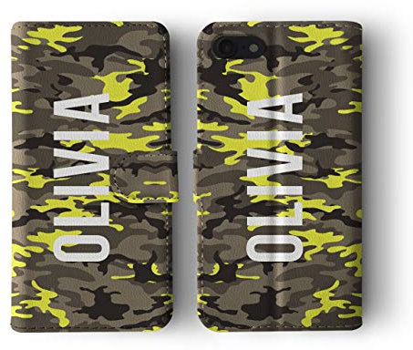 Tirita Personalised Custom Initials Wallet Leather Flip Phone Case/Cover compatible with iPhone Xs Max Camouflage Camo Pattern [24 - Neon Yellow]