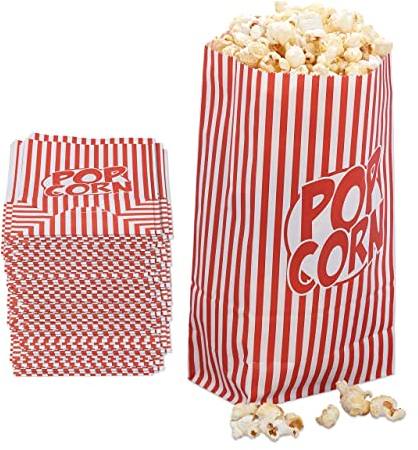 Relaxdays Popcorntüten 144er Set, Papier, Zubehör Kino, Filmabend, Kindergeburtstag, Retro Tüten für Popcorn, rot-weiß, Pack