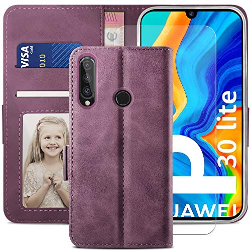 YATWIN Handyhülle für Huawei P30 LITE Hülle +1 Stück Panzerglas Schutzfolie, Klapphülle Huawei P30 LITE Premium Leder Brieftasche Schutzhülle [Kartenfach][Stand] Handytasche Case, Weinrot