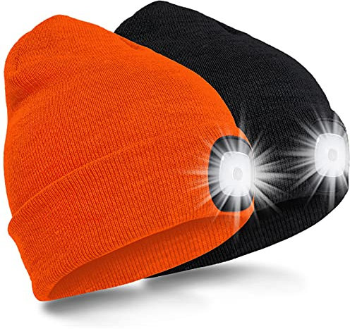 SPGOOD LED Beanie Beleuchtete Mütze mit Licht,Wiederaufladbare USB Winter Warm LED Mütze mit Licht,Lampe Laufmütze für Angeln,Jogger,Camping,Laufen(Schwarz&Fluoreszierendes Orange)