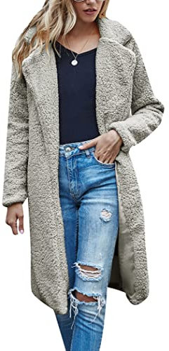 OMZIN Damen Faux Fur Cardigan Outwear Open Front Teddy Coat Fleece Einfarbiger Mantel Hellgrau L