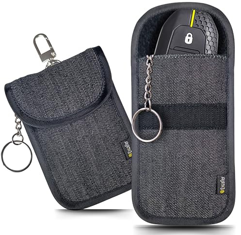 EXOSFER - Etui Anti RFID, Anti Ondes pour Clé de Voiture - Pochette Cage de Faraday - Blocage Signal, Anti Piratage, Antivol Auto, Protection Carte Bancaire NFC - Tissu Jeans (2 pochettes Small)
