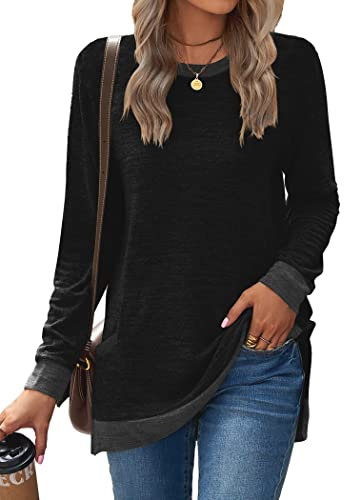 Famulily Women's Longline Sweatshirt Crewneck Long Sleeve Split Side Cotton Comfy Jumpers with Pockets Black XL