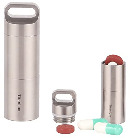 AMZCOM Pillendose Anhänger Wasserdicht, Tablettendose Schlüsselanhänger Titan Täglich Reise Outdoor EDC Kapsel Tablettenbox Metall Pillenbox für Unterwegs, Camping, Erste Hilfe, Notfall Kit