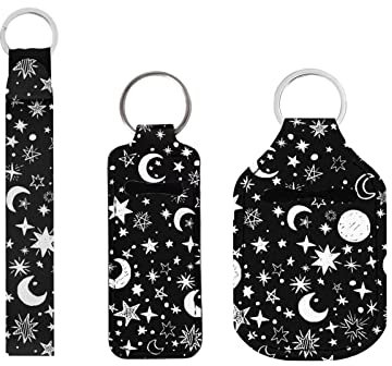 Xoenoiee 3 Stück Reiseflasche Schlüsselanhänger Hand Desinfektionsmittel Halter Set mit Chapstick Halter & Handgelenk Lanyard Schlüsselanhänger, Himmlischer Mond Stern Sonne, One size