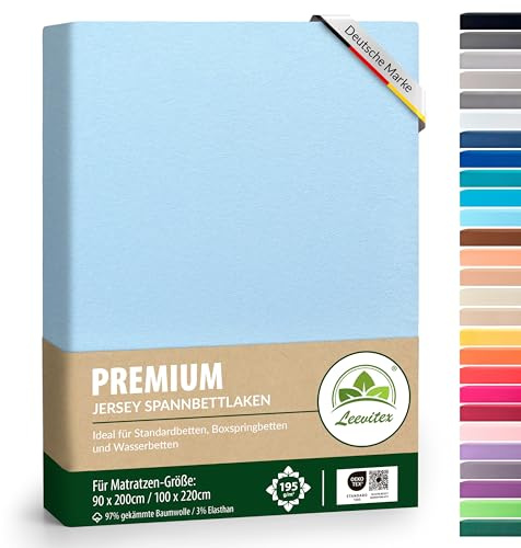 Premium Spannbettlaken, extra schwer und dick, 97% Mako-Jersey-Baumwolle und 3% Elasthan, auch Boxspringbett geeignet, 90 x 200-100 x 220 cm, Hellblau/Himmelblau