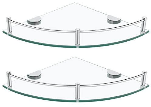 Glas Badezimmer Regale, 2er Set Glas Eckregal Wandhalterung, Dusche Eckregale mit Stange, Schwebeende Glasablagen für Badezimmer Küche Wohnzimmer (Slivery)