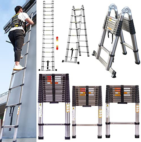Scala Telescopica Pieghevole 3,8M, Multiuso Allungabile Scaletta Telescopica in Acciaio inossidabile, Multifunzione Antiscivolo Scala Doppia con 16 Gradini, Carico Massimo 150 KG (1,9M+1,9M)