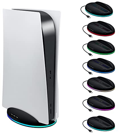 Tolesum Vertikaler Ständer Halterung für PS5-Konsole mit RGB-Licht und 3 USB 2.0-Ladeanschlüssen Kompatibel mit PS5 UHD und Digital Edition-Konsole Standfuß-Nicht für PS5 Slim/PS5 Pro - Schwarz