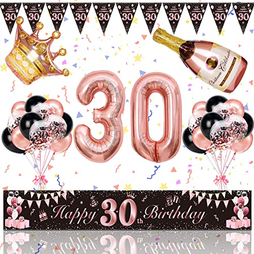 30. Geburtstag Frauen Deko, Magiccute Geburtstagsdeko Mädchen Frauen Lange Happy Birthday Banner Girlande Wimpel und Schwarz Rosegold Konfetti Luftballons Deko Set