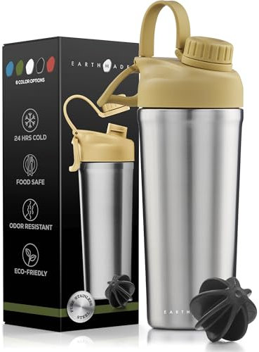 Earthmade Protein Shaker Bottle Stainless Steel, 26 oz Insulated Shaker Bottles for Protein Mixes Keeps COLD for 30 hours, ADDED 2 Extra Ring Guards/Leakproof