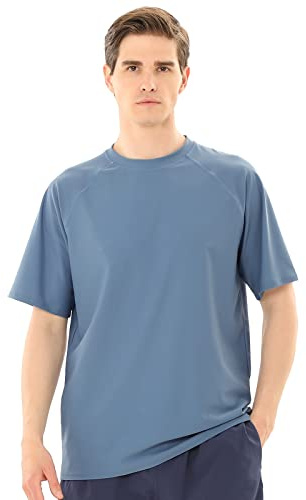 TIZAX Tee Shirt Anti-UV Homme Rashguard à Manches Courtes UPF 50+ Maillot de Bain Hauts T-Shirt de Sport Séchage Rapide Bleu-Gris S