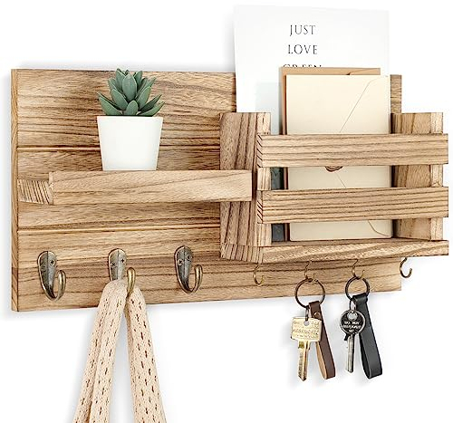 Lwenki Post-Organizer für Wandmontage, Schlüsselhalter mit Ablage inklusive Briefhalter und Haken für Mäntel, Hundeleinen, rustikales Holz mit bündiger Montage (41,9 x 22,1 x 8,9 cm) (Holz)