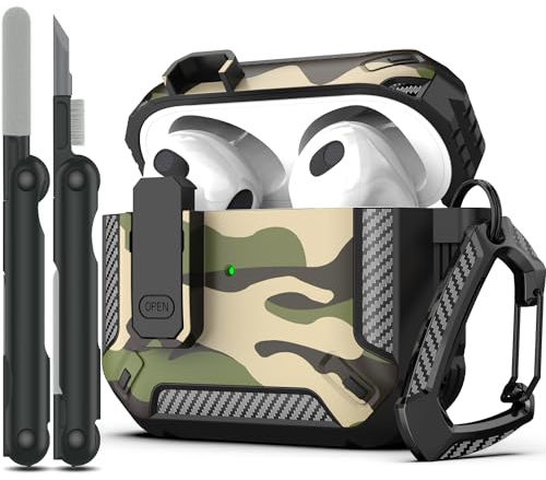 RFUNGUANGO Custodia Compatibile con AirPods 3 generazione con kit di pulizia, armatura protettiva militare con serratura Compatibile con custodia di ricarica AirPod Gen 3 2021,Vernice mimetica nera