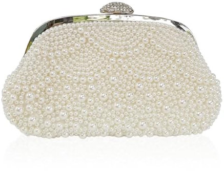 Aovtero Pearl Clutch, Brauttasche, Geldbörse, Damen, Hochzeit, Abschlussball, Abendtasche, formelle Handtasche mit Perlen und Kette, Elfenbein, Weiß