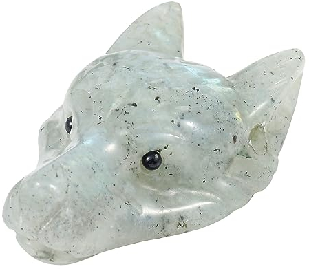 Lovionus89 Natürlich Mondstein Wolf Kopf Stein Statue, Mini 40mm Tier Heilung Kristall Tasche Skulptur