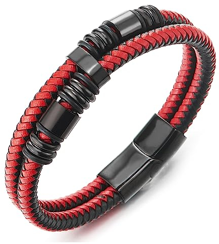COOLSTEELANDBEYOND Herren Doppel-Lap Schwarz Rot Geflochtenem Lederarmband Armband Leder Schweißband, Schwarz Edelstahl Charme