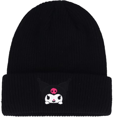 Roffatide Anime Kuromi Cute Beanie Hat Kawaii Big Ear Dog Lolita JK Caps Winter Knit Hat für Jungen Mädchen bestickt Beanie Cap Black