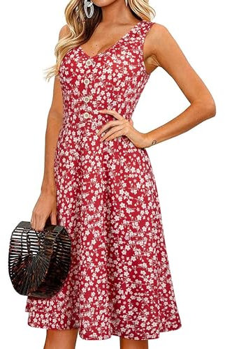 II ININ Women's Summer Midi Sundress V Neck Sleeveless Button Floral Beach Vacation Tank Dress Pockets(Floral-Red,L)