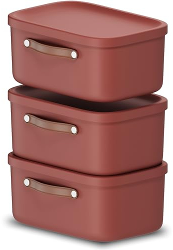 Rotho Maloja 3er-Set Aufbewahrungsbox mit Deckel klein 12l | Elegante Box mit Griff | sicher verschließbar | stapelbar & modular | pflegeleicht | rot