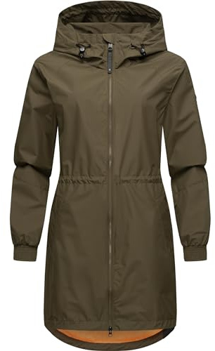 Ragwear Damen Übergangsjacke leichte Jacke lang wasserdicht mit Kapuze und Mesh-Innenfutter Bronja II Olive Gr. S