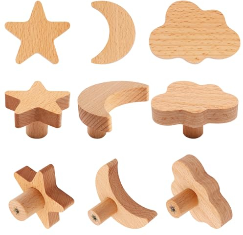 YuGtcen Schrankknäufe aus Holz, Stern- und Mondform, Schubladengriffe, Kinderzimmer, Kommode, Waldtiere, Holzknöpfe zum Basteln, Griffe für Möbel, Schrank, Tür, 12 Stück, Mond, Stern, Wolke