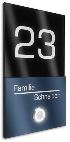 Graviers Design V2A sonnette de porte en acier inoxydable avec gravure de nom et numéro de maison - 110x180mm bouton LED plaque design moderne en revêtement RAL 7016 acrylique noir