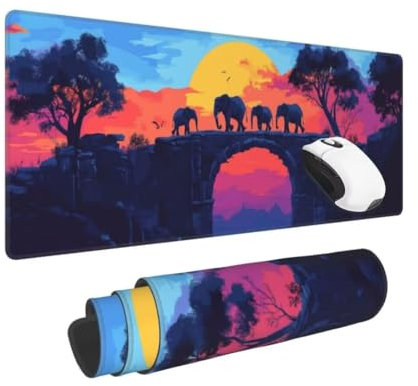 Gaming Mauspad XXL Elefant Großes Mousepad 800 * 400mm rutschfeste Schreibtischunterlage Sonnenuntergang Mouse Pad mit Vernähte Kanten Verbessert Mauspad Groß Geschwindigkeit und Präzision für Gaming
