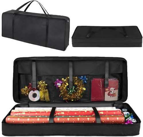 Sac de rangement pour papier cadeau, 82x13x34cm Sac cadeau de rangement avec poche en maille, noir, 600D Oxford, pour Rouleaux d'emballage Rubans Noeuds Accessoires de Décoration