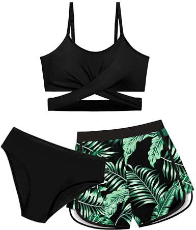 Dearnow Girls Swimsuit Size 8 10 Bathing Suits Size 8-10 Criss Cross Bikini 3 Piece Black Tropical Print Girls' Swimwear with Beach Sports Shorts