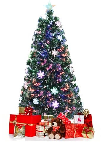 KOMFOTTEU Árbol de Navidad Artificial con Luces LED y Copos de Nieve, Árbol Navideño de PVC con Soporte, Árbol de Decoración de Navidad para Casa, Tiendas, Oficina (150 cm, 24 Copos de Nieve)