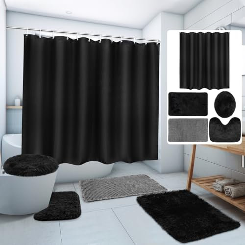Hahafelt 5-teiliges Badezimmer-Duschvorhang-Set mit Vorhang und Teppichen, Waffelstruktur, Badematte, Duschvorhang-Set mit 12 Haken, Badezimmermatte, U-förmiger Teppich, WC-Deckelbezug für Zuhause,