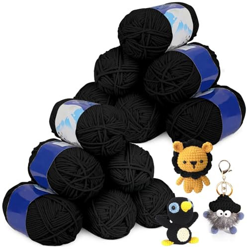Wolle zum Häkeln, 12 x 50g Häkelgarn, Schwarz Wolle zum Stricken, Häkelwolle, Garn zum Häkeln, Crochet Yarn, 5 Stränge Handstrickgarn für Anfänger und Kinder Häkeln Stricken und Handwerk