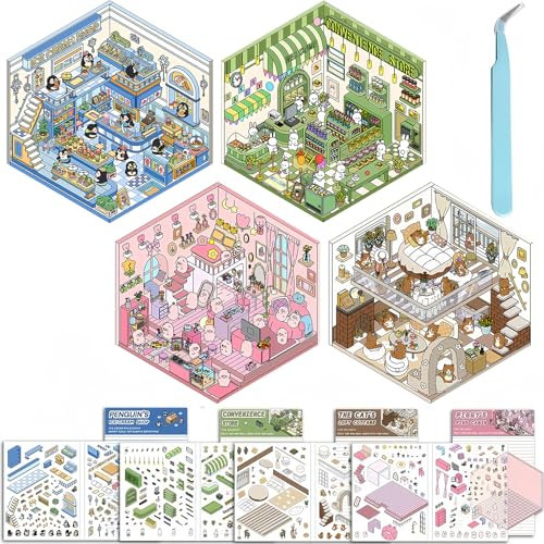 4 Sätze House Stickers DIY Stickers Scene 3D Miniatur Sticker Room DIY 3D Hausaufkleber Bauen Sie Ihr eigenes Café-Restaurant