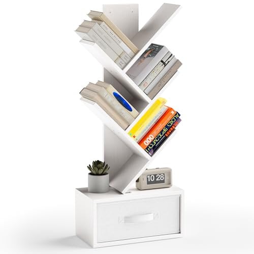 Xbro Libreria a 5 livelli, a forma di albero con cassetto in tessuto, per CD, DVD, in legno, per soggiorno, camera da letto, ufficio, 39 x 19,5 x 89,5 cm, bianco