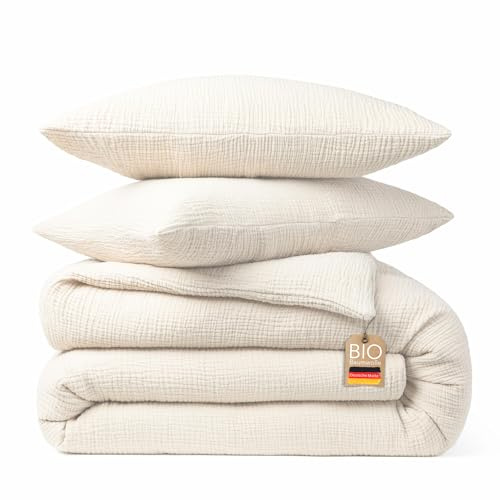 blanketino Bio Musselin Bettwäsche Set (Cremeweiß (Vanille), 220x240 cm + 2X Kissen 80x80 cm)