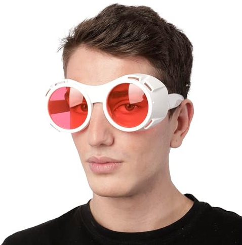 Wildarms White Frame Wonka Glasses Hyper Vision Goggles - Red Lens Steampunk for Rave Parties, Futuristic Cosplay & Halloween