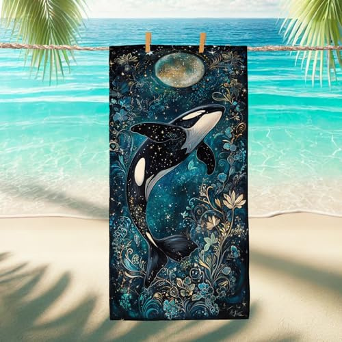 Cosmic Orca Mikrofaser-Strandtuch, Marineblau, Galaxie, Wal-Handtuch, schnell trocknend, saugfähig, weich, sandfrei, leichte Stranddecke, Sommer, Pool, Camping, Essentials, 178 x 89 cm