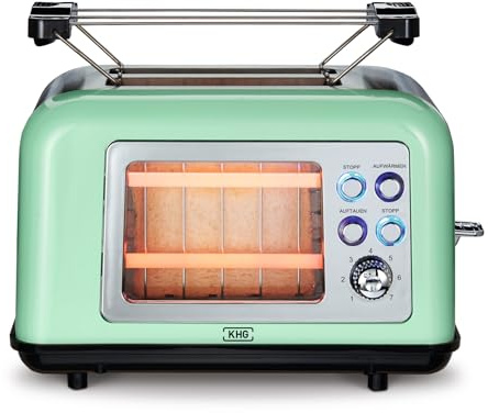 KHG Toaster TO-8000G Creme mit Sichtfenster, 2 Scheiben Toaster mit Brötchenaufsatz, 7 Bräunungsstufen Krümelfach Auftau- und Aufwärmfunktion, Abschaltautomatik 800 Watt
