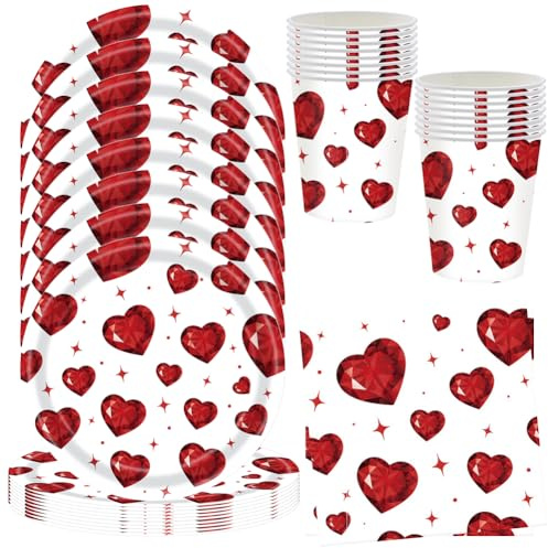 MEZHEN Cuore Stoviglie per Feste di Compleanno Decorazioni San Valentino Stoviglie per Compleanno Piatti Bicchieri di Carta Tovaglioli Forniture per Feste Stoviglie Vacanze Matrimonio 16 Ospiti