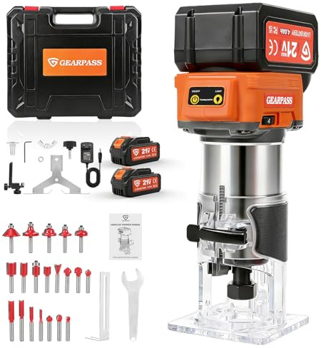 21V Einhandfräse Akku Oberfräse, 800W Bürstenloser Oberfräse Trimmer Kantenfräser, 3,000-30,000 U/min, 6 Geschwindigkeiten, mit 2x Akku, mit 20 Stück Fräser
