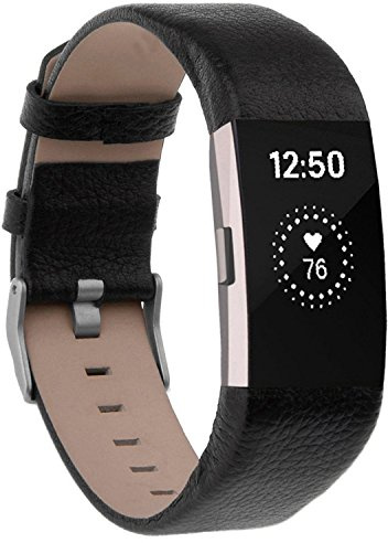 Longzhuo Ersatz-Armband für Fitbit Charge 2, echtes Leder, Schwarz